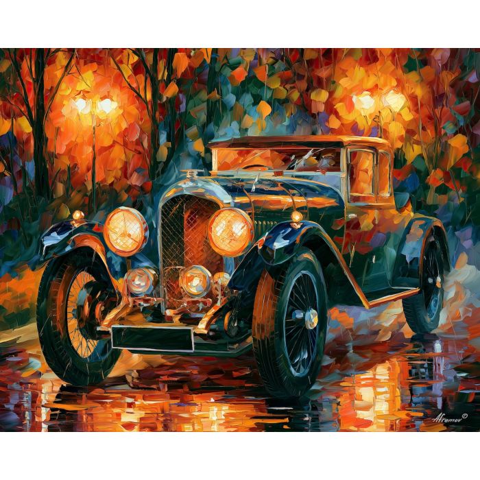1927, bentley, 3 litre, afremov style old car, close up car painting, palette knife art, night park reflections and glowing lamps, colorful background, vintage automobile art, 5:4 painting