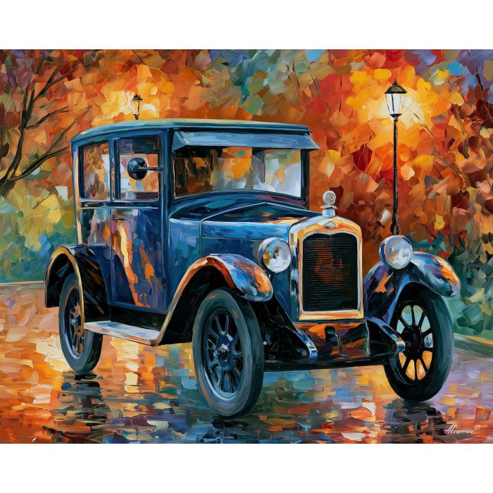 1922, austin, seven, afremov style old car, close up car painting, palette knife art, park pond and jewel-toned foliage, colorful background, vintage automobile art, 5:4 painting