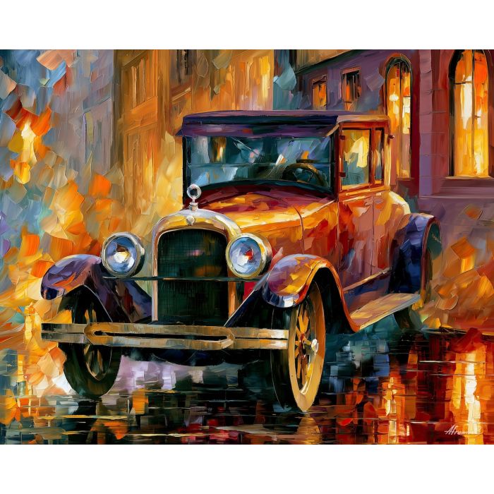 1924, chrysler, six b-70, afremov style old car, close up car painting, palette knife art, rainy city reflections and warm windows, colorful background, vintage automobile art, 5:4 painting