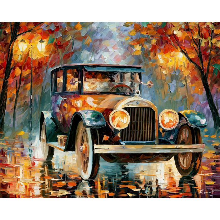 1917, peerless, model 56, afremov style old car, close up car painting, palette knife art, night park reflections and glowing lamps, colorful background, vintage automobile art, 5:4 painting