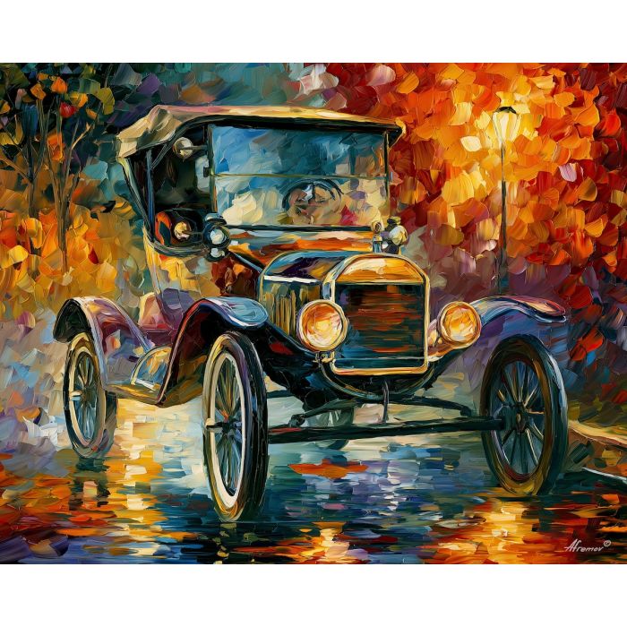 1912, ford, model t runabout, afremov style old car, close up car painting, palette knife art, park pond and jewel-toned foliage, colorful background, vintage automobile art, 5:4 painting