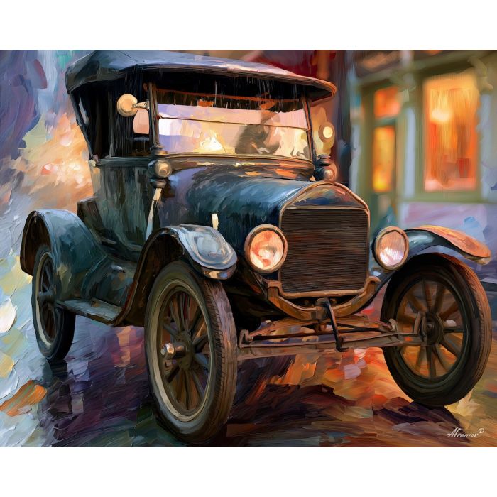 1917, willys-overland, model 85-6, afremov style old car, close up car painting, palette knife art, rainy city reflections and warm windows, colorful background, vintage automobile art, 5:4 painting
