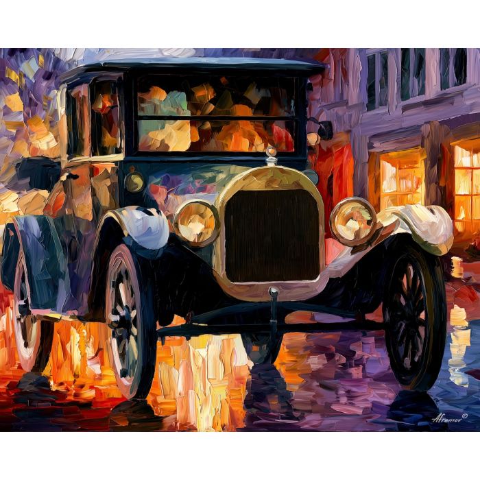 1914, dodge, model 30-35, afremov style old car, close up car painting, palette knife art, rainy city reflections and warm windows, colorful background, vintage automobile art, 5:4 painting