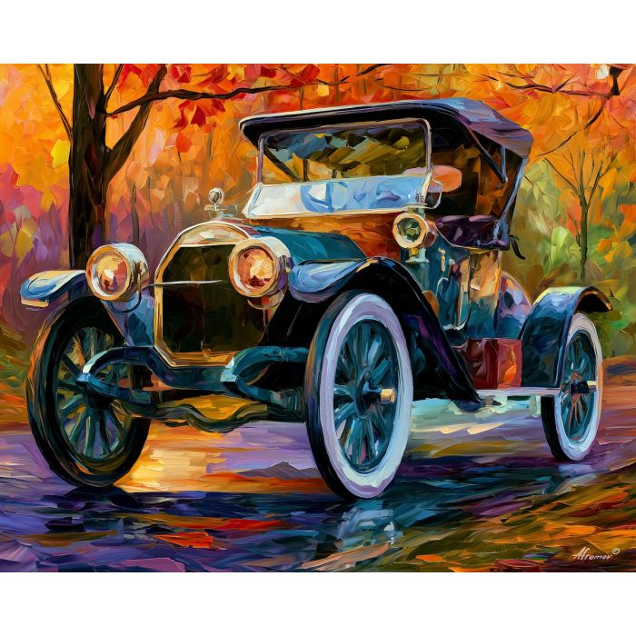 1910, buick, model 17, afremov style old car, close up car painting, palette knife art, autumn boulevard color, colorful background, vintage automobile art, 5:4 painting