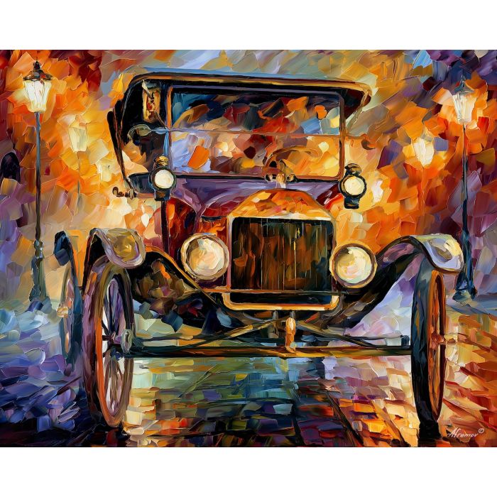 1908, ford, model t, afremov style old car, close up car painting, palette knife art, old-town cobblestones and lamps, colorful background, vintage automobile art, 5:4 painting