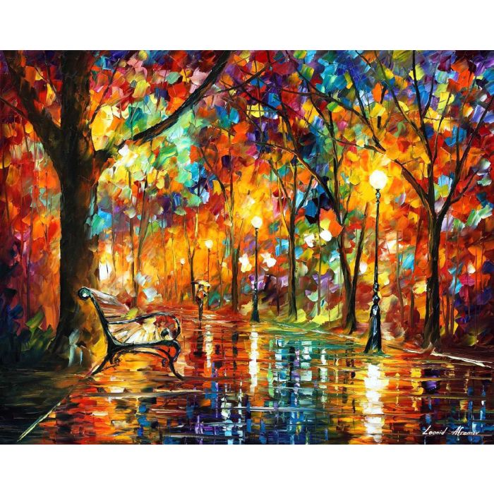 Leonid Afremov, oil on canvas, palette knife, buy original paintings, art, famous artist, biography, official page, online gallery, large artwork, fine, water, landscape, cityscape, fall alley, autumn scene, garden, night park, leaf, rain, walking people