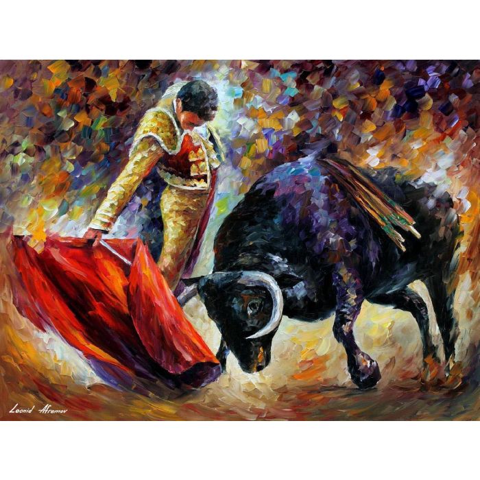 Leonid Afremov, oil on canvas, palette knife, buy original paintings, art, famous artist, biography, official page, online gallery, large artwork, fine, animal, pet, bull, bullfighter, toreador