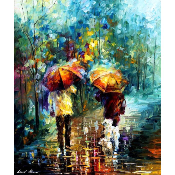 Leonid Afremov, oil on canvas, palette knife, buy original paintings, art, famous artist, biography, official page, online gallery, figures, forest, autumn, couple, umbrella, park, landscape, leaf, fall, walking, people, city, night, streets, rain, trees