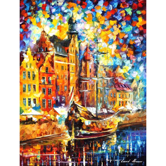 Leonid Afremov, oil on canvas, palette knife, buy original paintings, art, famous artist, biography, official page, online gallery, large artwork, fine, water, boat, sea, scape, pier, dock, night, calm, yachts, harbor, shore, rest