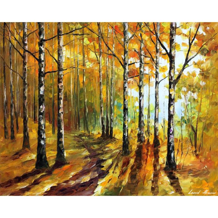 Leonid Afremov, oil on canvas, palette knife, buy original paintings, art, famous artist, biography, official page, online gallery, large artwork, fine, water, landscape, cityscape, fall alley, autumn scene, garden, night park, leaf, rain, walking people