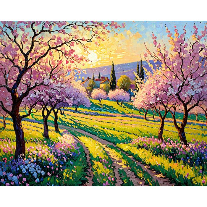 Pink sunset in the village