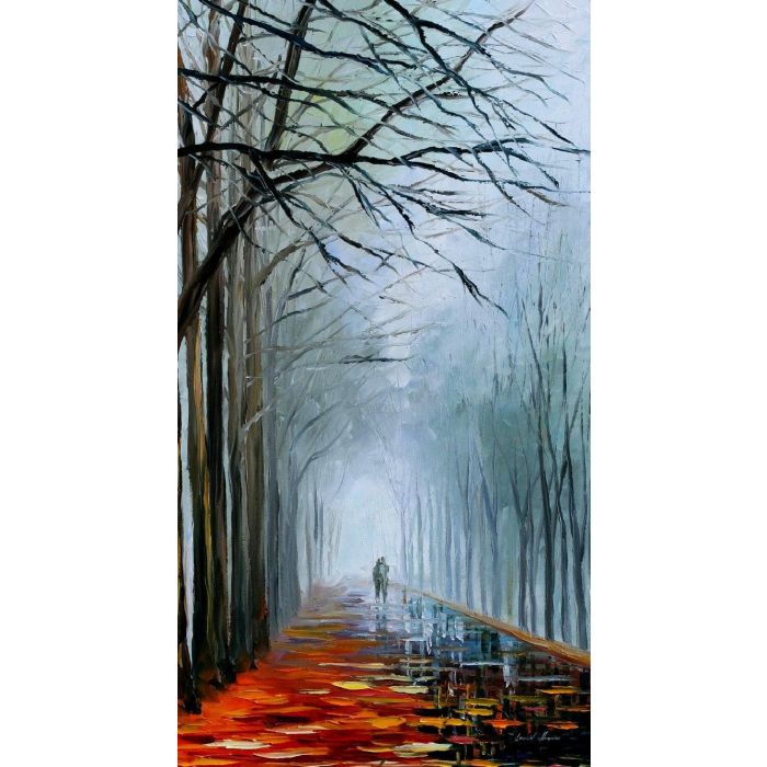 Leonid Afremov, oil on canvas, palette knife, buy original paintings, art, famous artist, biography, official page, online gallery, large artwork, fine, landscape, autumn, garden, night park, leaf fall, walking people, rain, umbrella, outdoors, lovers