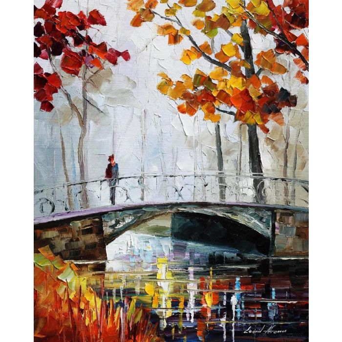 Leonid Afremov, oil on canvas, palette knife, buy original paintings, art, famous artist, biography, official page, online gallery, large artwork, fine, water, landscape, cityscape, fall alley, autumn scene, garden, night park, leaf, rain, walking people