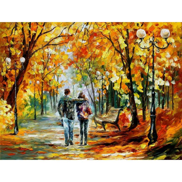 Leonid Afremov, oil on canvas, palette knife, buy original paintings, art, famous artist, biography, official page, online gallery, large artwork, fine, water, landscape, cityscape, fall alley, autumn scene, garden, night park, leaf, rain, walking people
