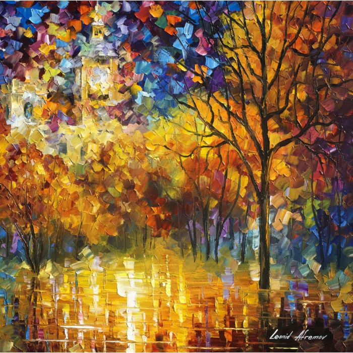 Leonid Afremov, oil on canvas, palette knife, buy original paintings, art,  famous artist, biography, official page, online gallery, scape,  outdoors, autumn, town, park, scape, leaf, fall, european cities,  city, night, streets, rain, uk, england