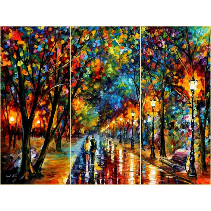 Leonid Afremov, oil on canvas, palette knife, buy original paintings, art, famous artist, biography, official page, online gallery, large artwork, fine, fall alley, autumn, park, landscape, trees, forest, leaf, garden, night, rain, outdoors