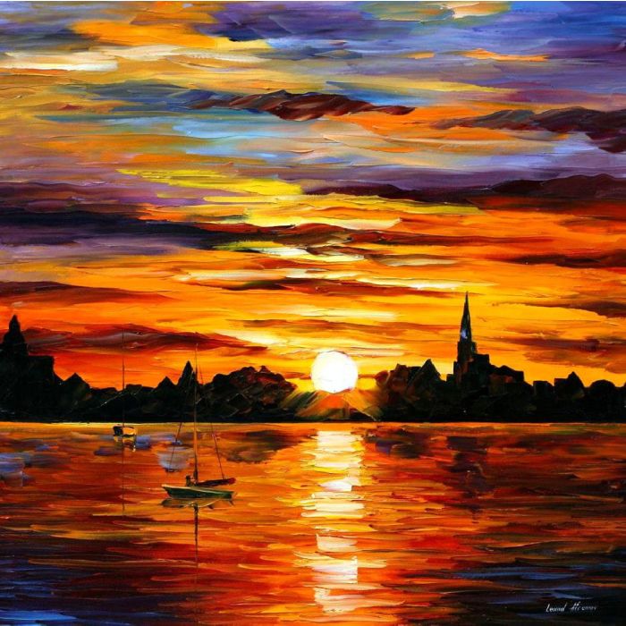 Sunset painting, the sunset painting of a boat in the water