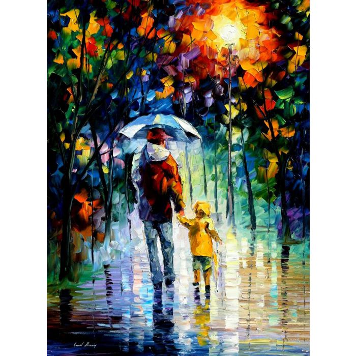 Leonid Afremov, oil on canvas, palette knife, buy original paintings, art, famous artist, biography, official page, online gallery, figures, forest, autumn, couple, umbrella, park, landscape, leaf, fall, walking, people, city, night, streets, rain, trees