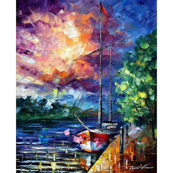 Leonid Afremov, oil on canvas, palette knife, buy original paintings, art, famous artist, biography, official page, online gallery, large artwork, sunset, water, boat, sea, scape, pier, dock, night, calm, yachts, harbor, shore, rest, ship, regatta, sailer