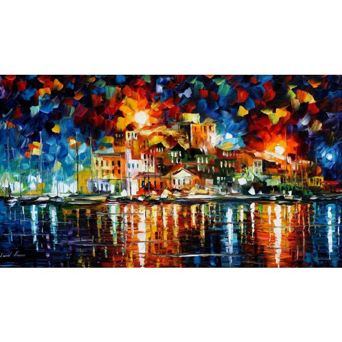 Leonid Afremov, oil on canvas, palette knife, buy original paintings, art, famous artist, biography, official page, online gallery, large artwork, sunset, water, boat, sea, scape, pier, dock, night, calm, yachts, harbor, shore, rest, ship, regatta, sailer