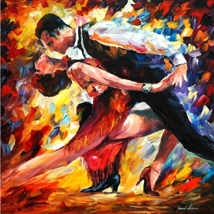 Leonid Afremov, oil on canvas, palette knife, buy original paintings, art, famous artist, biography, official page, online gallery, large artwork, young,  red dress, music, dance, girls, tango, guy