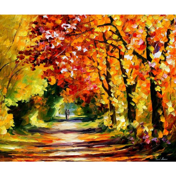 Leonid Afremov, oil on canvas, palette knife, buy original paintings, art, famous artist, biography, official page, online gallery, large artwork, fine, water, landscape, cityscape, fall alley, autumn scene, garden, night park, leaf, rain, walking people