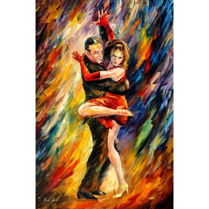 Leonid Afremov, oil on canvas, palette knife, buy original paintings, art, famous artist, biography, official page, online gallery, large artwork, young,  red dress, music, dance, girls, tango, guy