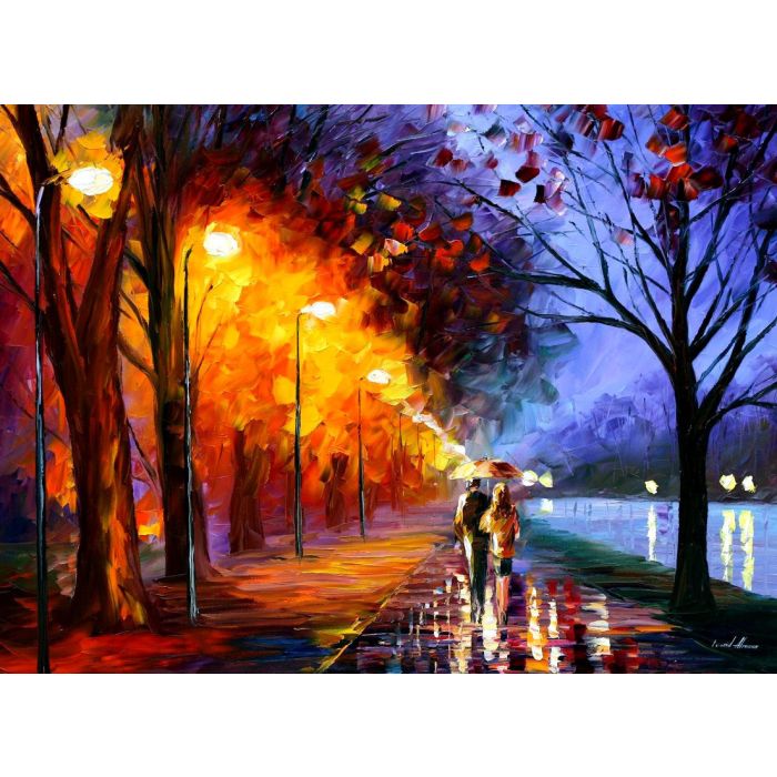 Leonid Afremov, oil on canvas, palette knife, buy original paintings, art, famous artists, biography, official page, online gallery, landscape, park, autumn fall, trees, scenery, woods, forest, leaves, path, walkway, night