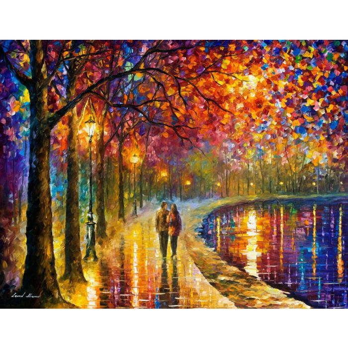 Leonid Afremov, oil on canvas, palette knife, buy original paintings, art, famous artist, biography, official page, online gallery, large artwork, fine, water, landscape, cityscape, fall alley, autumn scene, garden, night park, leaf, rain, walking people