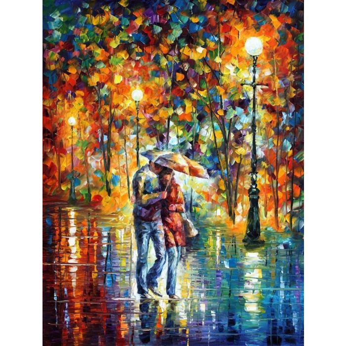 Leonid Afremov, oil on canvas, palette knife, buy original paintings, art, famous artist, biography, official page, online gallery, figures, forest, autumn, couple, umbrella, park, landscape, leaf, fall, walking, people, city, night, streets, rain, trees