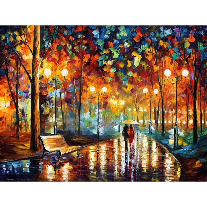 Leonid Afremov, oil on canvas, palette knife, buy original paintings, art, famous artist, biography, official page, online gallery, large artwork, fine, water, river, night park, people, couple, man woman