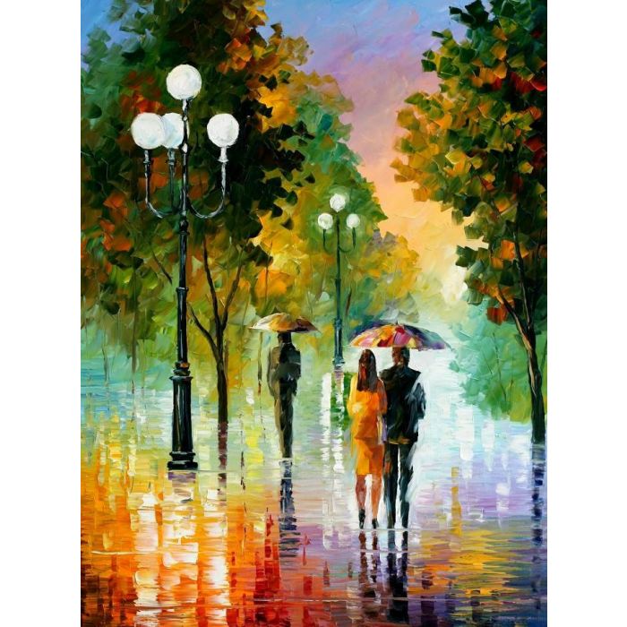 Leonid Afremov, oil on canvas, palette knife, buy original paintings, art, famous artist, biography, official page, online gallery, figures, forest, autumn, couple, trees, park, landscape, leaf, fall, walking, people, city, night, streets, rain