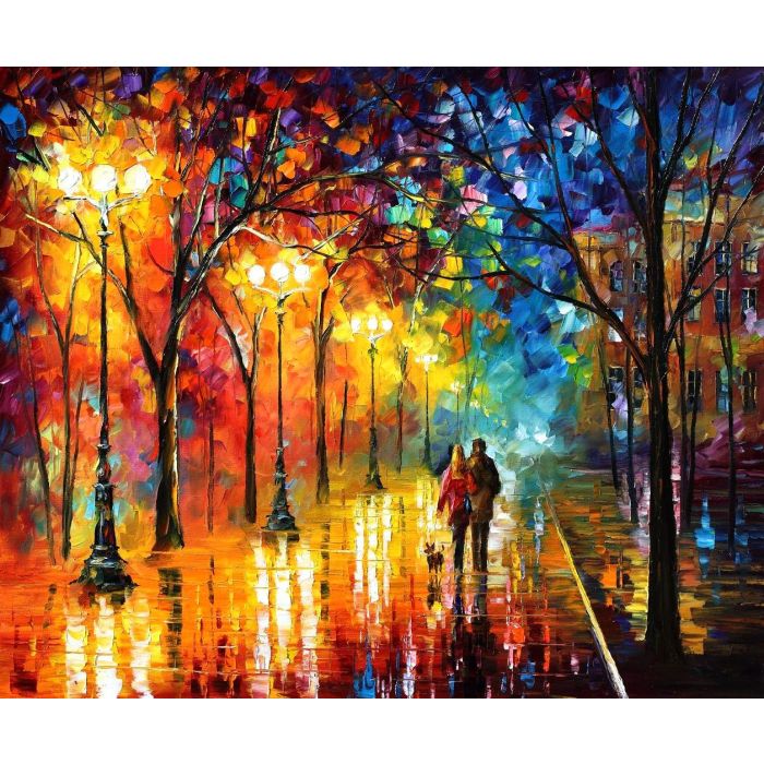 Leonid Afremov, oil on canvas, palette knife, buy original paintings, art, famous artists, biography, official page, online gallery, landscape, park, autumn fall, trees, scenery, woods, forest, leaves, path, walkway, night