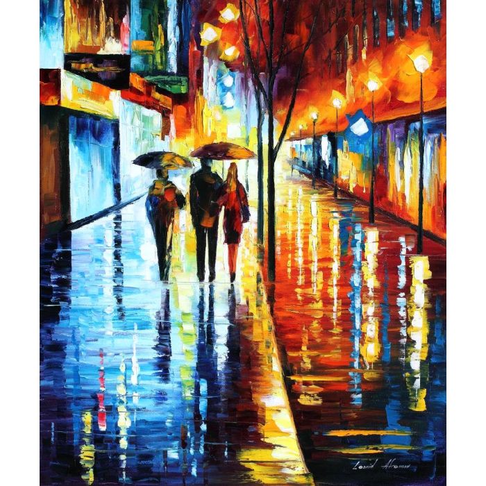 Leonid Afremov, oil on canvas, palette knife, buy original paintings, art, famous artist, biography, official page, online gallery, figures, forest, autumn, couple, umbrella, park, landscape, leaf, fall, walking, people, city, night, streets, rain, trees