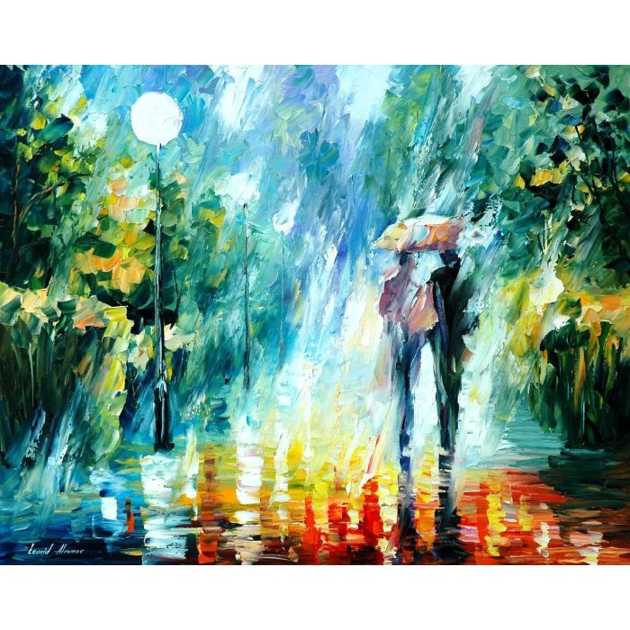 Leonid Afremov, oil on canvas, palette knife, buy original paintings, art, famous artist, biography, official page, online gallery, figures, forest, autumn, couple, umbrella, park, landscape, leaf, fall, walking, people, city, night, streets, rain, trees