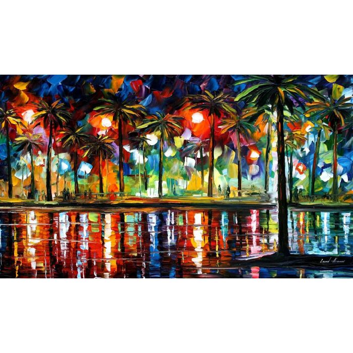 Leonid Afremov, oil on canvas, palette knife, buy original paintings, art, famous artist, biography, official page, online gallery, large artwork, fine, water, sea, scape, night, calm, harbor, palm, shore, rest, tropical