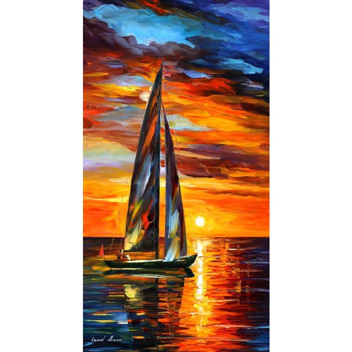 Leonid Afremov, oil on canvas, palette knife, buy original paintings, art, famous artist, biography, official page, online gallery, large artwork, fine, water, boat, sea, scape, pier, dock, night, calm, yachts, harbor, shore, rest, ship