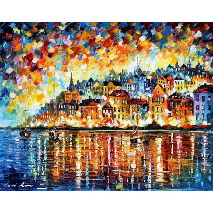 Leonid Afremov, oil on canvas, palette knife, buy original paintings, art, famous artist, biography, official page, online gallery, large artwork, fine, water, boat, seascape, pier, sea, dock, night, calm, yachts, harbor