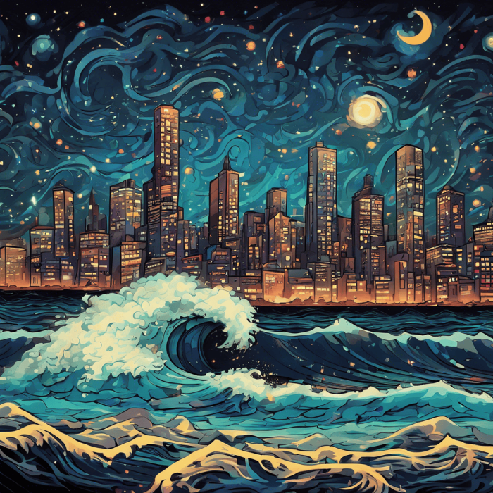 Moonlit Metropolis Riding Waves