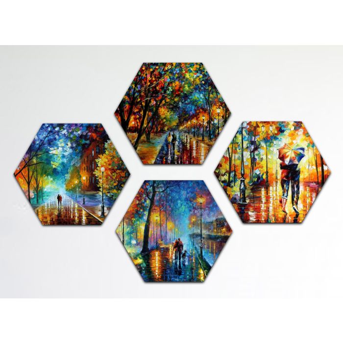 Set of 4 hexagon original paintings: Melody Of The Night, Freshness Of Cold In The Evening, When Dreams Come True and Couple Under One Umbrella