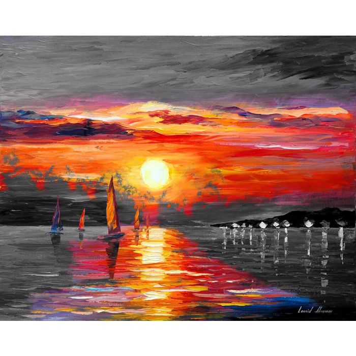 Leonid Afremov, oil on canvas, palette knife, buy original paintings, art, famous artist, biography, official page, online gallery, large artwork, fine, water, boat, sea, scape, pier, dock, night, calm, yachts, harbor, shore, rest, ship