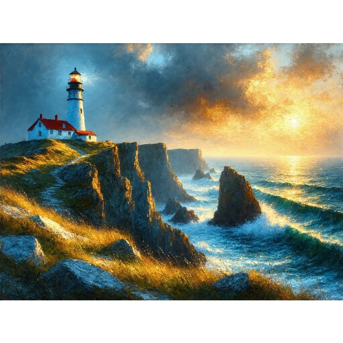 Clifftop Light Guiding the Sunset Horizon