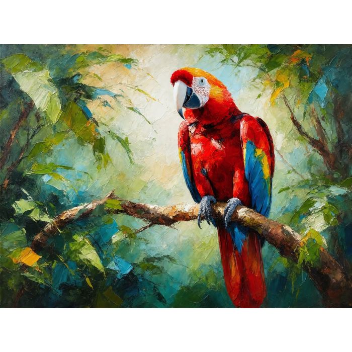 Red Parrot Resting in Tropical Green