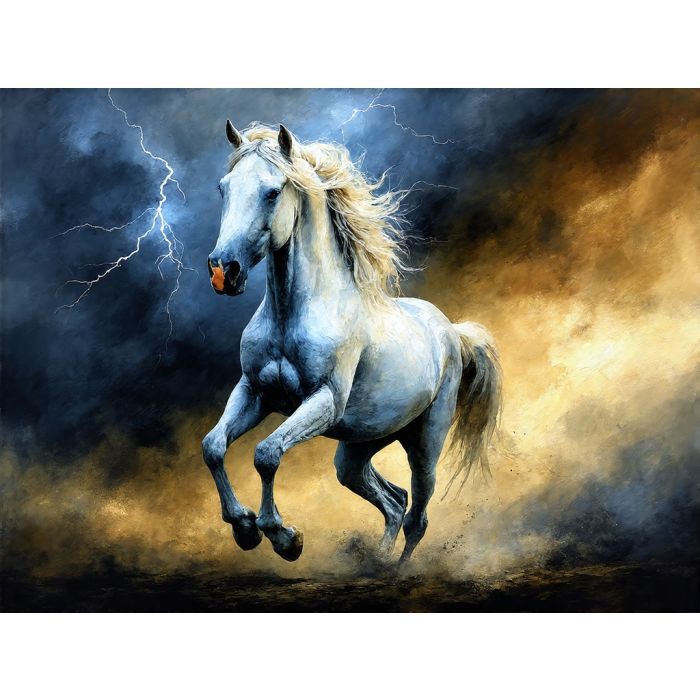 White Stallion Running Through the Storm