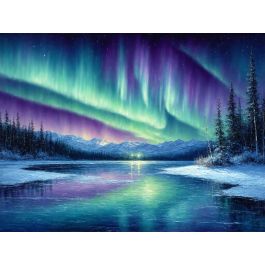 Aurora Over the Silent Lake - One-of-a-kind, 100% hand-painted