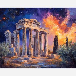 GREEK RUINS UNDER A NEBULA'S EMBRACE