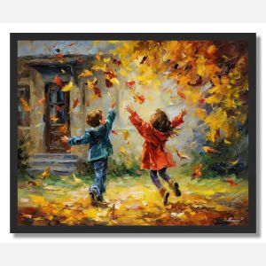 CHILDREN PLAYING LEAVES - FRAMED