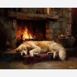 DOG BY FIREPLACE