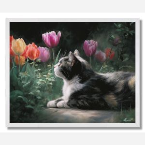 CAT AND TULIPS - FRAMED