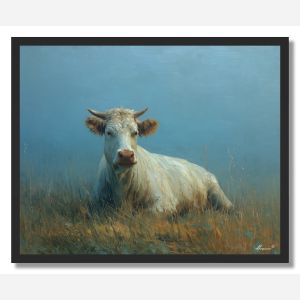 COW IN BLUE FIELD - FRAMED